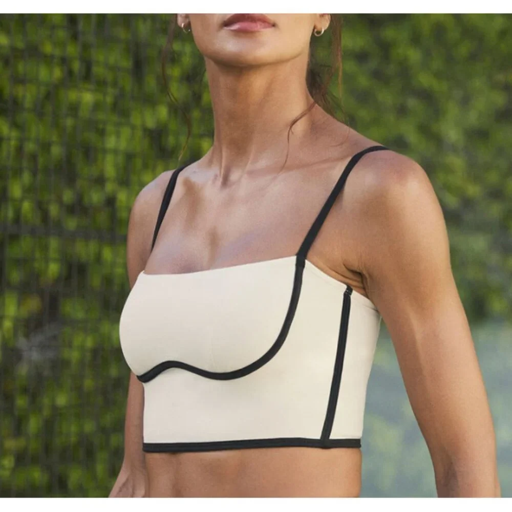 Alo Airbrush Streamlined Bra Tank Ivory Black Padded Sports Bralette Crop Top XS